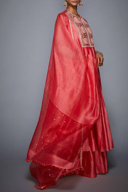 RI.Ritu Kumar_Coral Silk Chanderi Round Kurta Palazzo Set_Online_at_Aza_Fashions