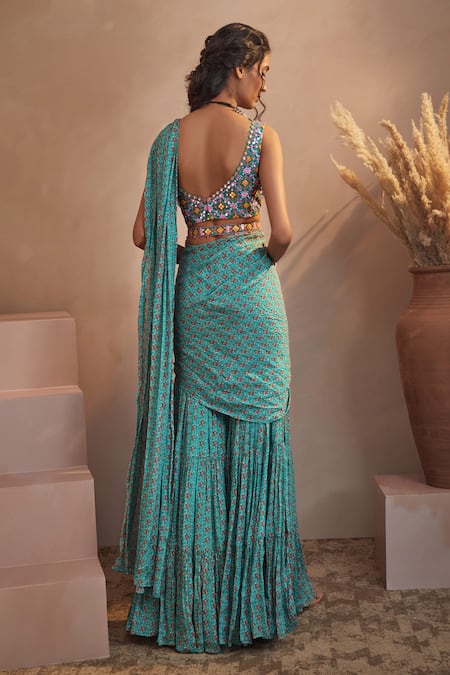 Shop Aneesh Agarwaal Blue Chinon Chiffon Floral Print, Mirror And Thread V Sharara Saree With Blouse at Aza Fashions Shop_Aneesh Agarwaal_Blue Chinon Chiffon Floral Print, Mirror And Thread V Sharara Saree With Blouse _at_Aza_Fashions