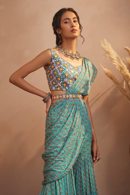 Aneesh Agarwaal Blue Chinon Chiffon Floral Print, Mirror And Thread V Sharara Saree With Blouse Online at Aza Fashions Aneesh Agarwaal_Blue Chinon Chiffon Floral Print, Mirror And Thread V Sharara Saree With Blouse _Online_at_Aza_Fashions