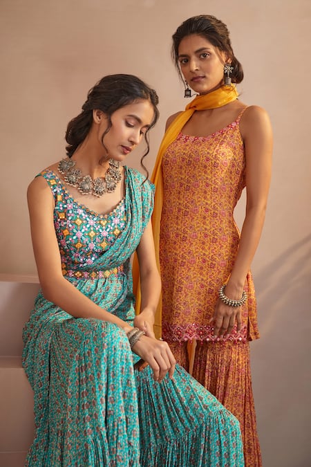 Buy Aneesh Agarwaal Blue Chinon Chiffon Floral Print, Mirror And Thread V Sharara Saree With Blouse Online at Aza Fashions Buy_Aneesh Agarwaal_Blue Chinon Chiffon Floral Print, Mirror And Thread V Sharara Saree With Blouse _Online_at_Aza_Fashions