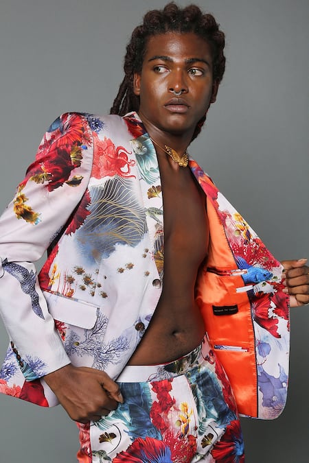 Shop House Of Three Multi Color Silk Satin Printed Ocean Neer Suit Online at Aza Fashions Shop_House Of Three_Multi Color Silk Satin Printed Ocean Neer Suit _Online_at_Aza_Fashions