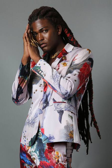 House Of Three Multi Color Silk Satin Printed Ocean Neer Suit at Aza Fashions House Of Three_Multi Color Silk Satin Printed Ocean Neer Suit _at_Aza_Fashions