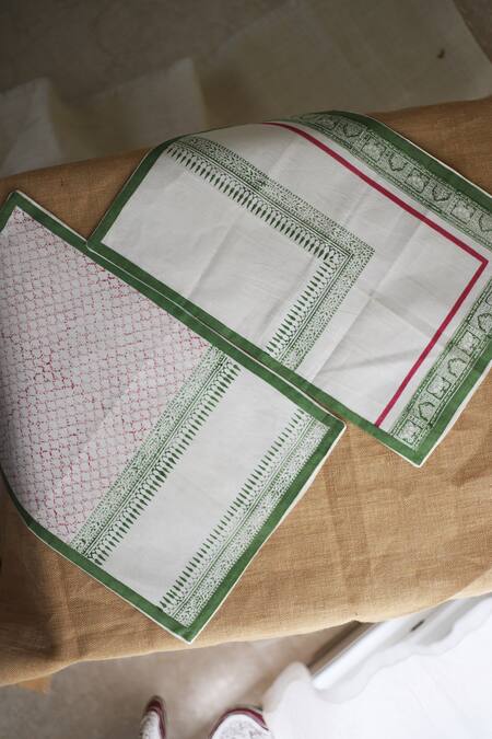 Inheritance India_Green Cotton Hand Block Print Table Mats Set Of 6_Online_at_Aza_Fashions
