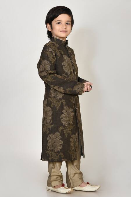 Petite Pomme_Brown Handloom , Silk, Embroidery Sherwani And Pant Set _Online_at_Aza_Fashions