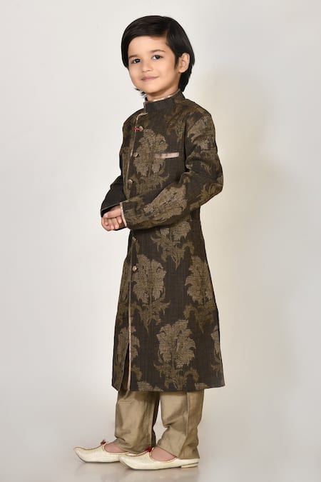Buy_Petite Pomme_Brown Handloom , Silk, Embroidery Sherwani And Pant Set _Online_at_Aza_Fashions