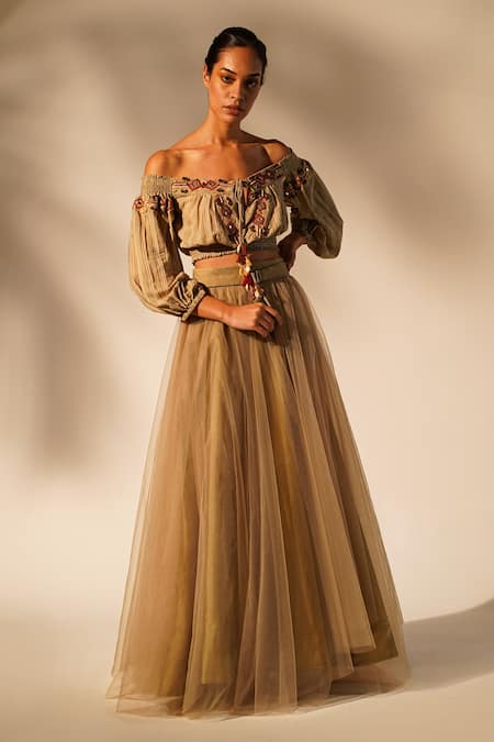 Buy_Nikita Mhaisalkar_Beige Chanderi Beads Off-shoulder Thread Placement Embroidered Crop Top _Online_at_Aza_Fashions