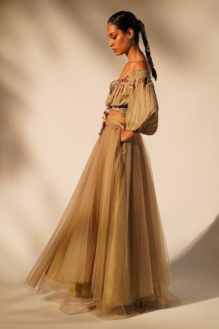 Shop_Nikita Mhaisalkar_Beige Chanderi Beads Off-shoulder Thread Placement Embroidered Crop Top _Online_at_Aza_Fashions