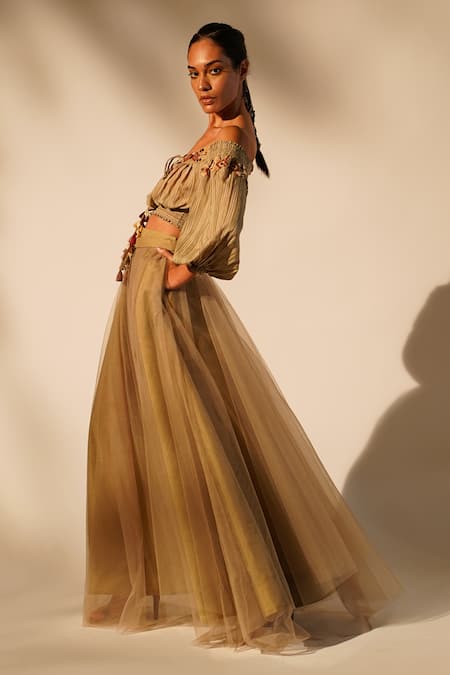 Nikita Mhaisalkar_Beige Chanderi Beads Off-shoulder Thread Placement Embroidered Crop Top _at_Aza_Fashions