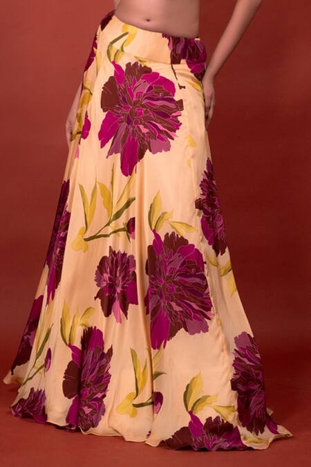 Buy_Rimi Nayak_Beige Modal, Silk Embroidery Chrysanthemum Flower Print Lehenga Skirt _Online_at_Aza_Fashions