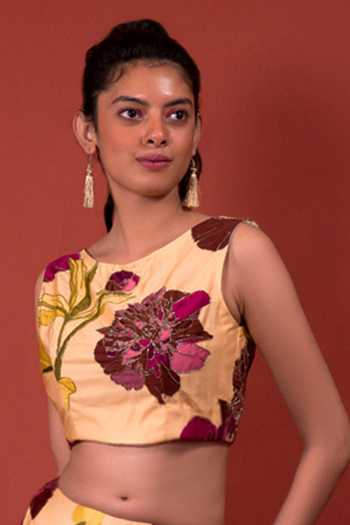 Buy_Rimi Nayak_Beige Modal, Cotton Embroidery Chrysanthemum Flower Print Blouse _Online_at_Aza_Fashions