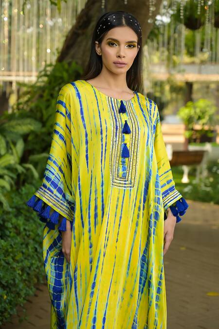 Buy_Disha Kahai_Yellow Cotton Satin Tassels, Embroidery Round Tie-dye Pattern Kaftan And Pant Set_Online_at_Aza_Fashions