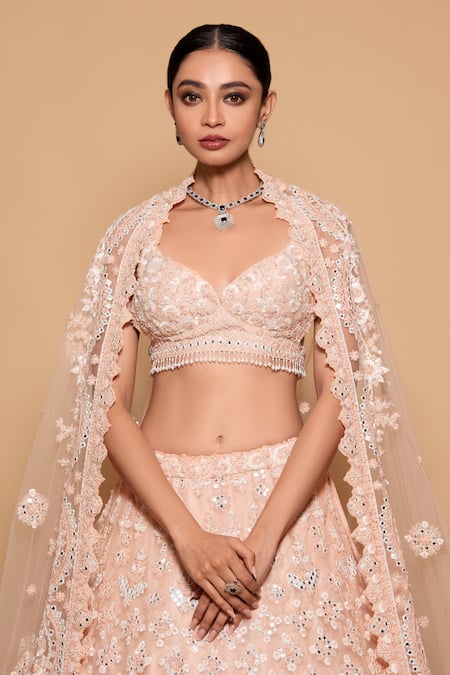 Pallavi Poddar Peach Tulle Beads, Embroidery, Mirrors Sweetheart Neck Beta Bridal Lehenga Set Online at Aza Fashions Pallavi Poddar_Peach Tulle Beads, Embroidery, Mirrors Sweetheart Neck Beta Bridal Lehenga Set _Online_at_Aza_Fashions
