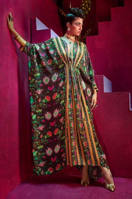 Limerick By Abirr N' Nanki_Brown Crepe Floral Print V Neck Gili Kaftan Gown_Online_at_Aza_Fashions