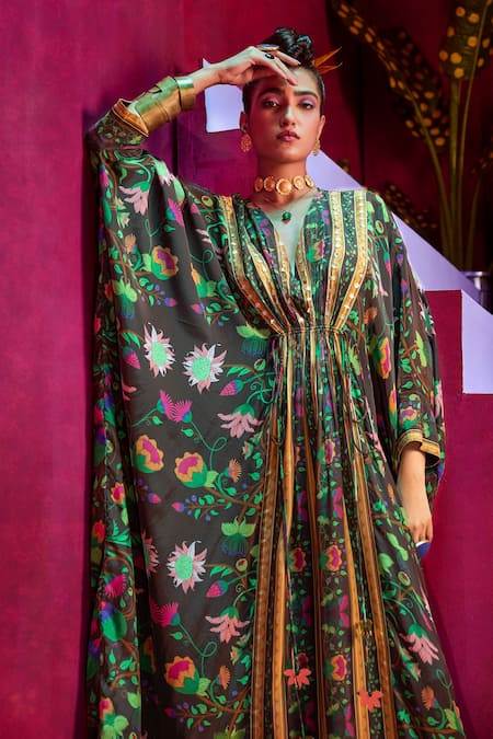 Buy_Limerick By Abirr N' Nanki_Brown Crepe Floral Print V Neck Gili Kaftan Gown_Online_at_Aza_Fashions