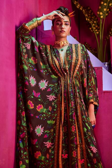 Shop_Limerick By Abirr N' Nanki_Brown Crepe Floral Print V Neck Gili Kaftan Gown_Online_at_Aza_Fashions