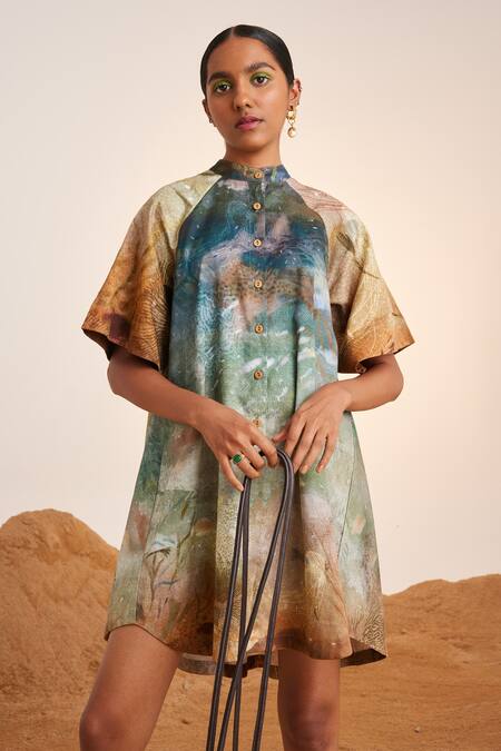 Shop_Cord_Blue Cotton Satin Mandarin Collar Underwater Print A-line Dress_Online_at_Aza_Fashions