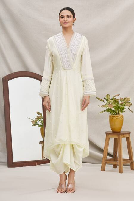 Shop_Ekta Singh_Yellow Silk, Net V Neck Draped Kurta With Dupatta _Online_at_Aza_Fashions