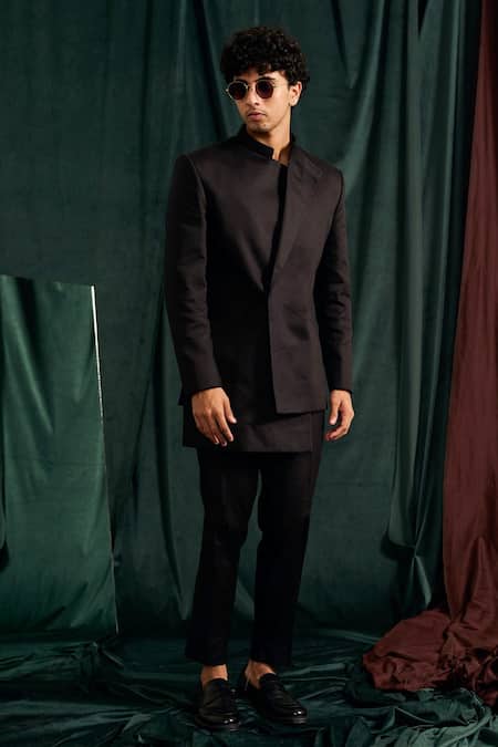 Project Bandi_Black Gingham Giza Cotton Solid Bandhgala Set _Online_at_Aza_Fashions