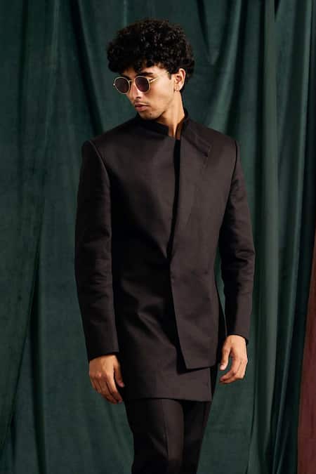 Buy_Project Bandi_Black Gingham Giza Cotton Solid Bandhgala Set _Online_at_Aza_Fashions