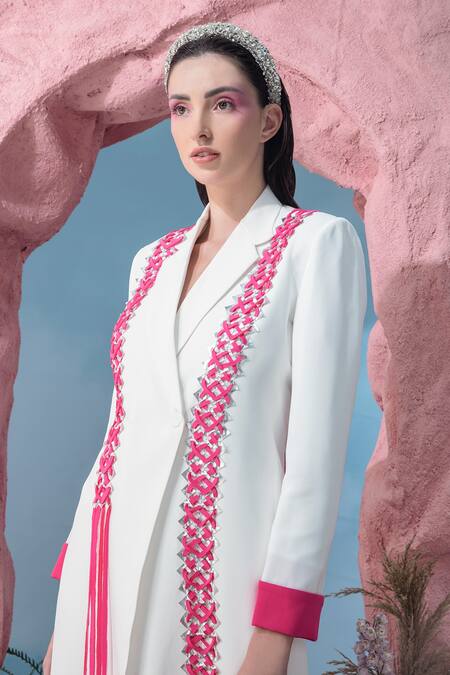 Vidhi Wadhwani_Off White Crepe, Lycra Fringe, Embroidery Cord Work Blazer And Trouser Set _Online_at_Aza_Fashions