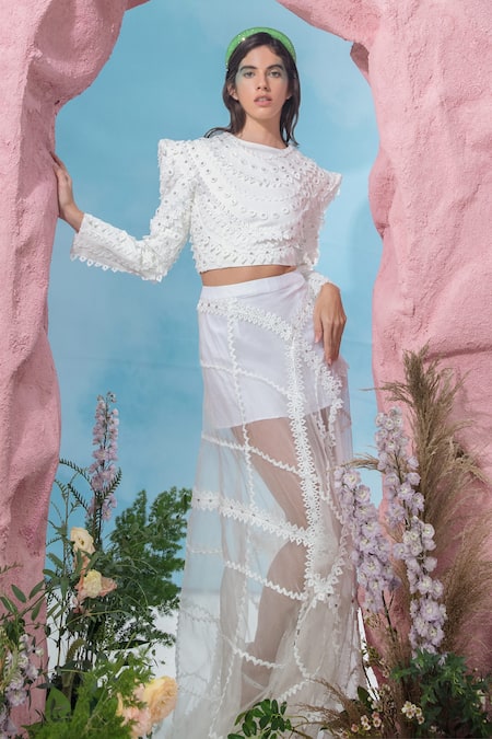Vidhi Wadhwani_Off White Organza, Twill Beads, Applique Round Neck Yaya Structured Top _Online_at_Aza_Fashions