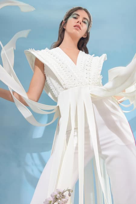 Buy_Vidhi Wadhwani_Ivory Crepe Sequins, Applique V-neck Kate Structured Tunic And Pant Set _Online_at_Aza_Fashions