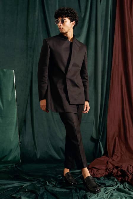 Shop_Project Bandi_Black Gingham Giza Cotton Solid Bandhgala Set _Online_at_Aza_Fashions