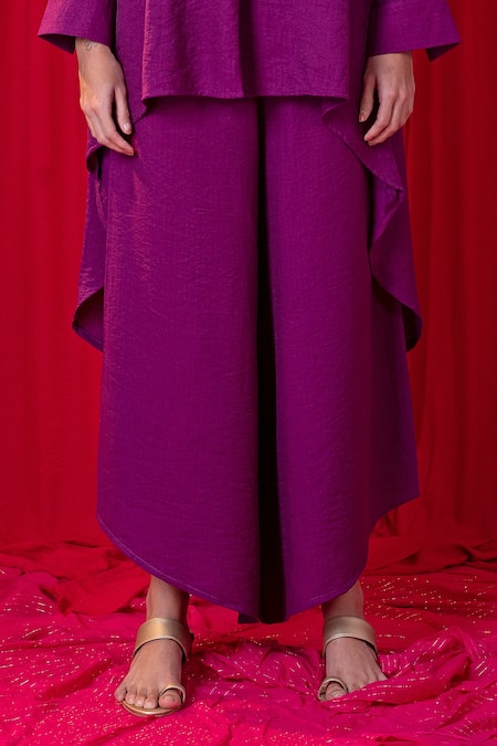 Enech_Purple Handloom Cotton Embroidery, Mirrors Chamak Asymmetric Shirt And Pant Set _Online_at_Aza_Fashions