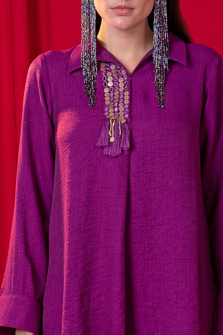 Buy_Enech_Purple Handloom Cotton Embroidery, Mirrors Chamak Asymmetric Shirt And Pant Set _Online_at_Aza_Fashions