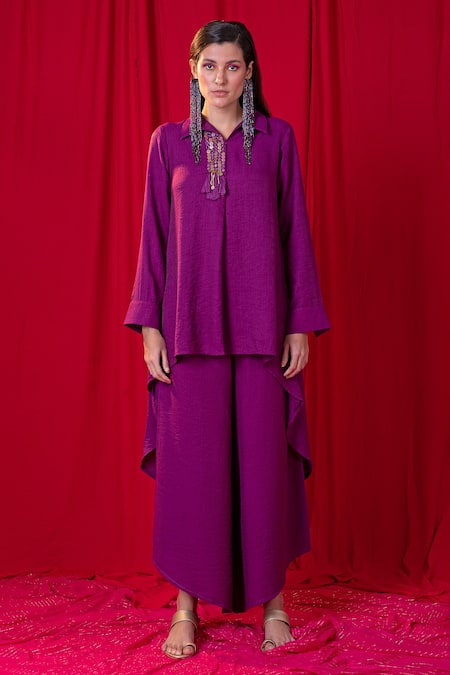 Shop_Enech_Purple Handloom Cotton Embroidery, Mirrors Chamak Asymmetric Shirt And Pant Set _Online_at_Aza_Fashions