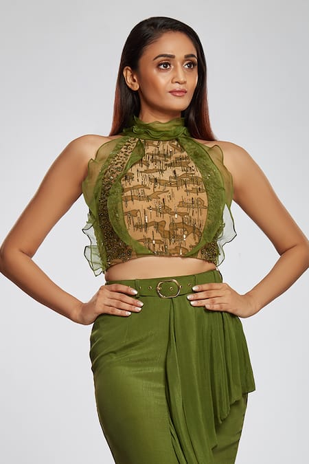 Buy Green Net Embroidery High Neck Printed Crop Top For Women by