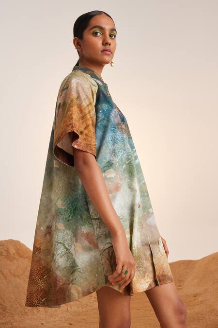 Cord_Blue Cotton Satin Mandarin Collar Underwater Print A-line Dress_at_Aza_Fashions