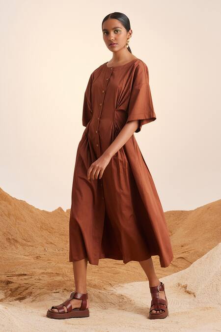 Cord_Brown Cotton Satin Boat Neck Pintuck Dress_Online_at_Aza_Fashions