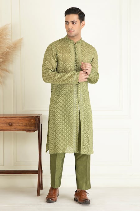 Priyanka Jain_Green Cotton, Silk Embroidery Leaf Pattern Jacquard Kurta Set _Online_at_Aza_Fashions