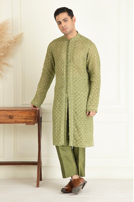 Shop_Priyanka Jain_Green Cotton, Silk Embroidery Leaf Pattern Jacquard Kurta Set _Online_at_Aza_Fashions