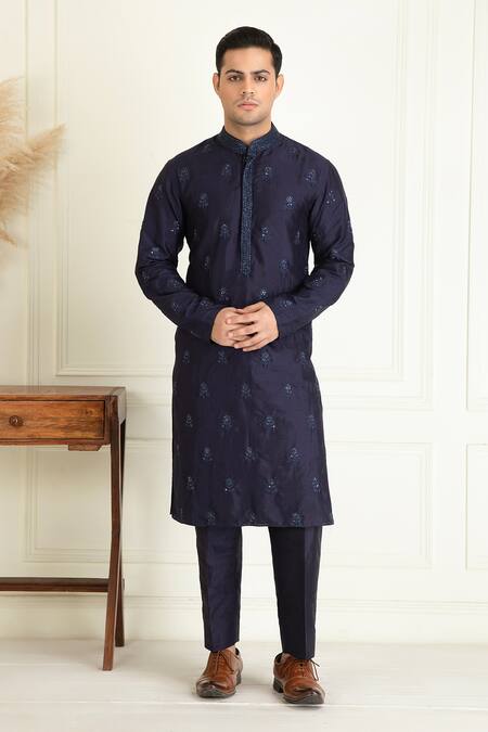 Priyanka Jain_Blue Silk, Cotton Sequins, Embroidery, Beads, Cut Work Bundi Kurta Set _Online_at_Aza_Fashions