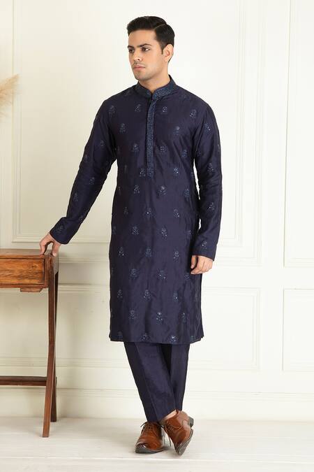 Priyanka Jain_Blue Silk, Cotton Sequins, Beads Embroidered Kurta And Pant Set _Online_at_Aza_Fashions