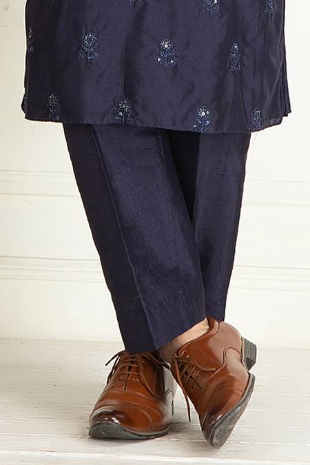 Buy_Priyanka Jain_Blue Silk, Cotton Sequins, Beads Embroidered Kurta And Pant Set _Online_at_Aza_Fashions