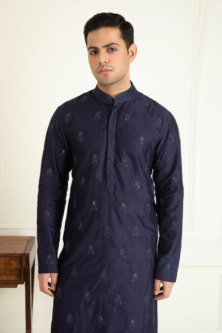 Shop_Priyanka Jain_Blue Silk, Cotton Sequins, Beads Embroidered Kurta And Pant Set _Online_at_Aza_Fashions