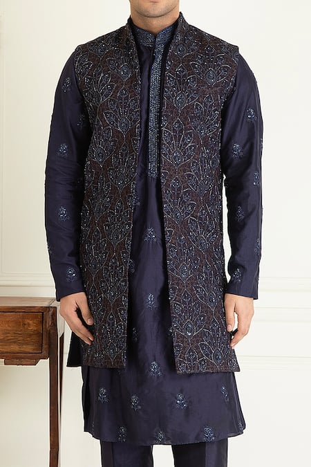 Shop_Priyanka Jain_Blue Silk, Cotton Sequins, Embroidery, Beads, Cut Work Bundi Kurta Set _Online_at_Aza_Fashions