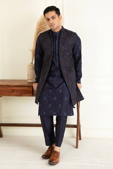 Priyanka Jain_Blue Silk, Cotton Sequins, Embroidery, Beads, Cut Work Bundi Kurta Set _at_Aza_Fashions