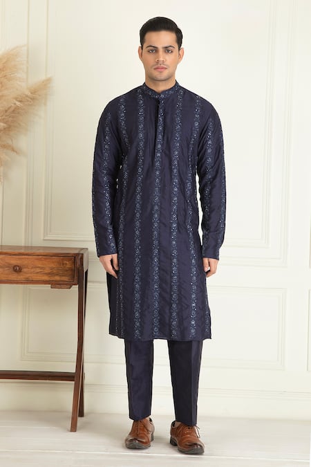 Buy_Priyanka Jain_Blue Silk, Cotton Sequins, Embroidery Midnight Bundi Set _Online_at_Aza_Fashions