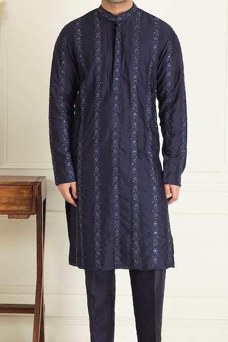 Buy Priyanka Jain Blue Silk, Cotton Embroidery Floral Stripe Kurta Set Online at Aza Fashions Buy_Priyanka Jain_Blue Silk, Cotton Embroidery Floral Stripe Kurta Set _Online_at_Aza_Fashions