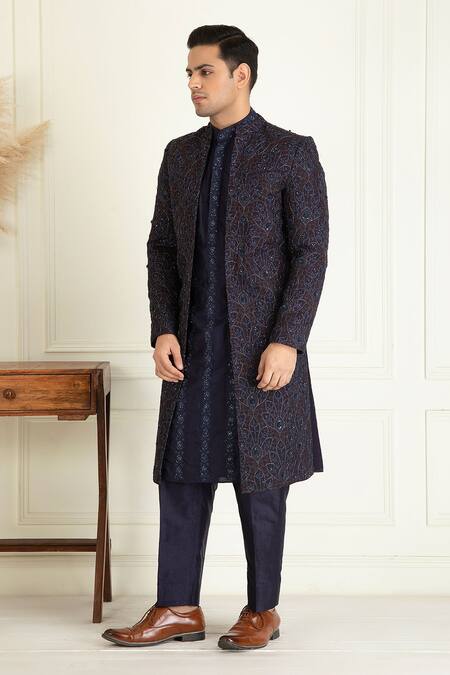 Priyanka Jain_Blue Silk, Cotton Sequins, Embroidery Midnight Bundi Set _at_Aza_Fashions