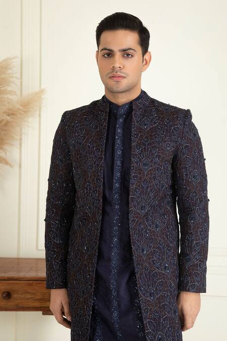 Buy_Priyanka Jain_Blue Silk, Cotton Sequins, Embroidery Midnight Bundi Set 