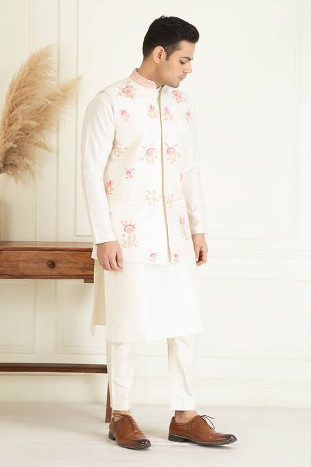 Shop_Priyanka Jain_Ivory Chanderi , Embroidery, Sequins, Beads Botanical Bundi Kurta Set _Online_at_Aza_Fashions