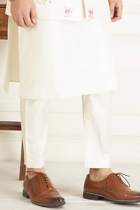 Priyanka Jain_Ivory Chanderi , Embroidery, Sequins, Beads Botanical Bundi Kurta Set _at_Aza_Fashions