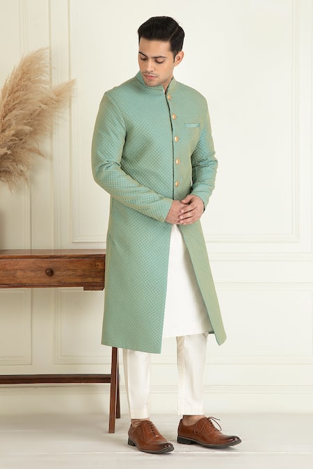 Priyanka Jain_Green Silk Embroidered Quilted Sherwani Set _at_Aza_Fashions