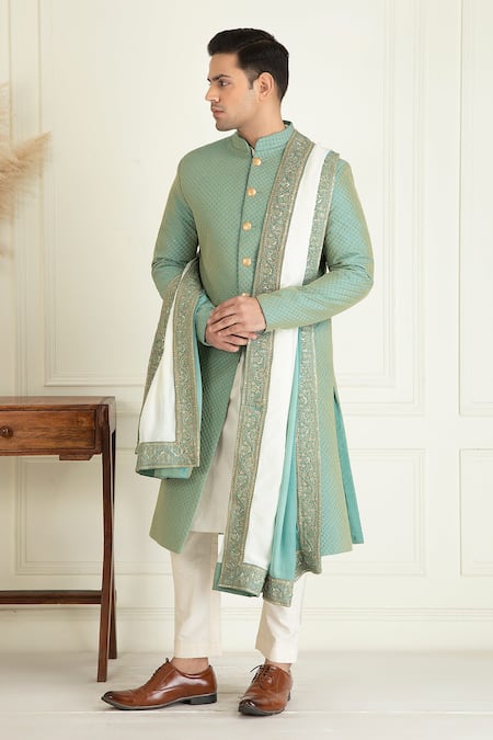 Buy_Priyanka Jain_Green Silk Embroidered Quilted Sherwani Set 