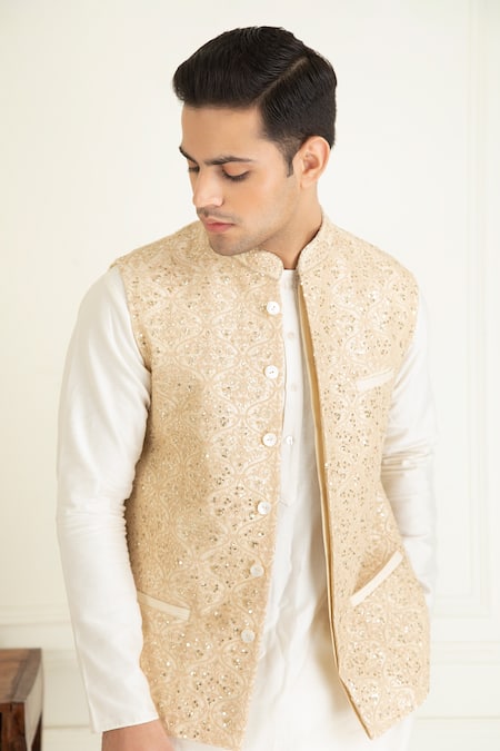 Buy_Priyanka Jain_Beige Chanderi Silk, Silk, Cotton Embroidery, Sequins Vintage Bundi Kurta Set _Online_at_Aza_Fashions